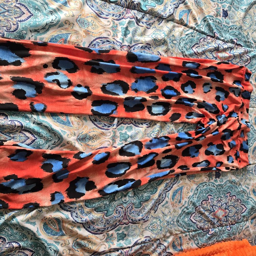 Bold Orange & Blue Leopard Print Wide-Leg Pants